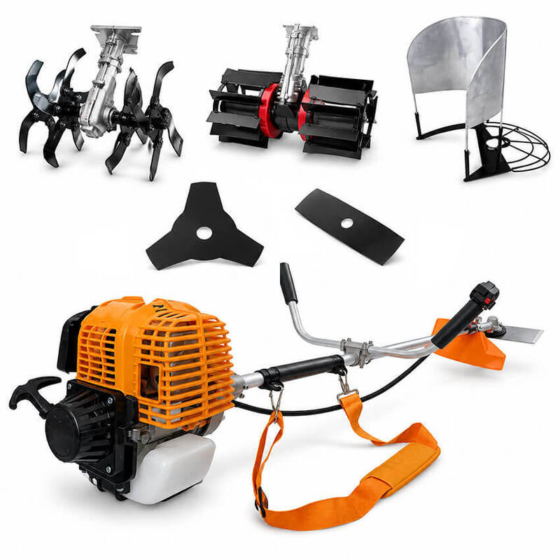 Multi-Functional Gasoline Brush Cutter & Grass Trimmer Kit, Heavy-Duty Petrol Weed Eater with Rotary Tiller, Weeding Wheel, Harvester Guard & Metal Blades for Farm & Garden